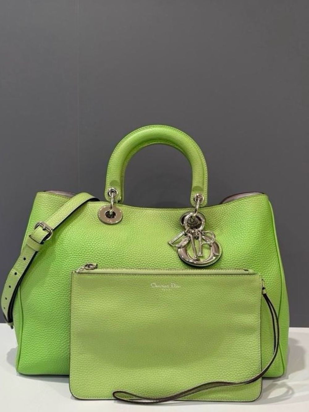 Christian Dior Large Diorissimo Apple Green Pebbled Leather Tote + Pouch